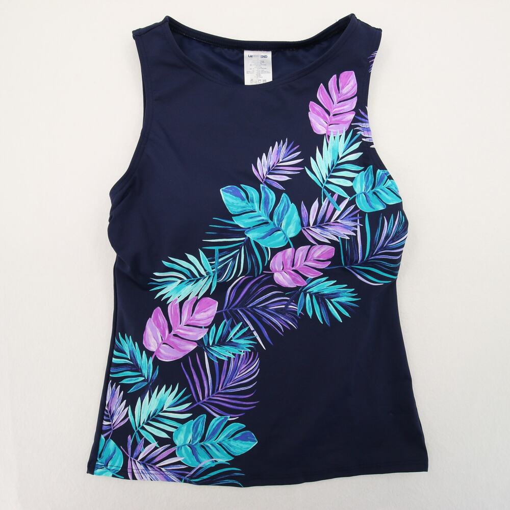 Lands End Tankini Top Navy Purple Floral Leaf Round Neck Shelf Bra Sleeveless 4